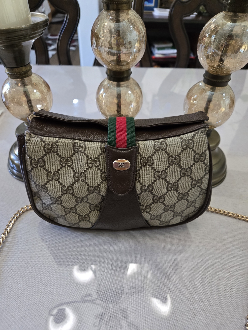 Gucci Brown GG Canvas Shoulder Bag with Green-Red Web Stripe